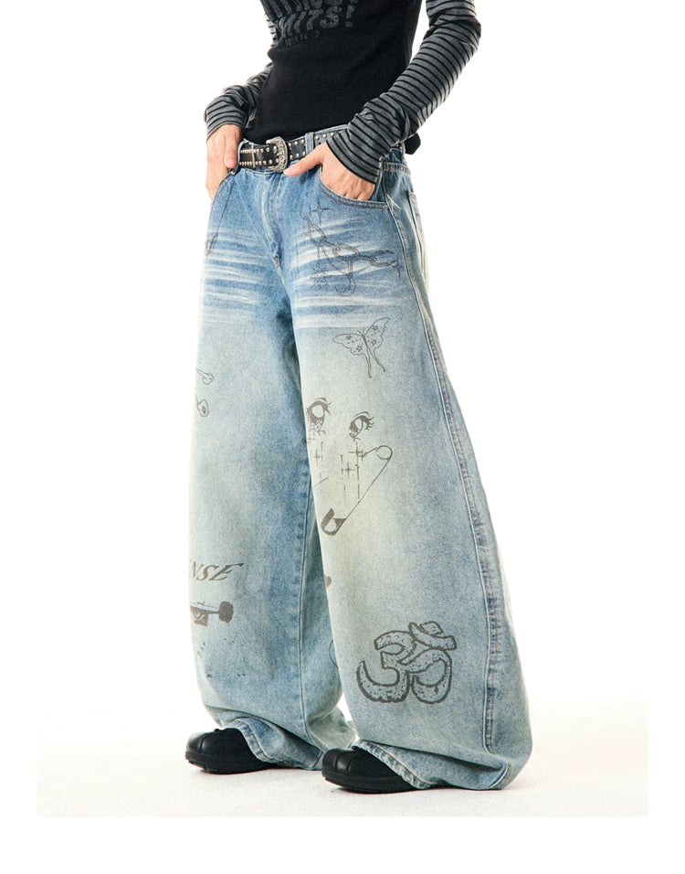 Washed Graffiti Print Wide Leg Denim Jeans