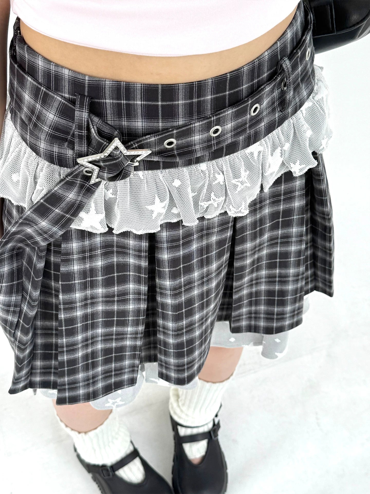 Plaid Lace Layered Star A-Line Short Skirt