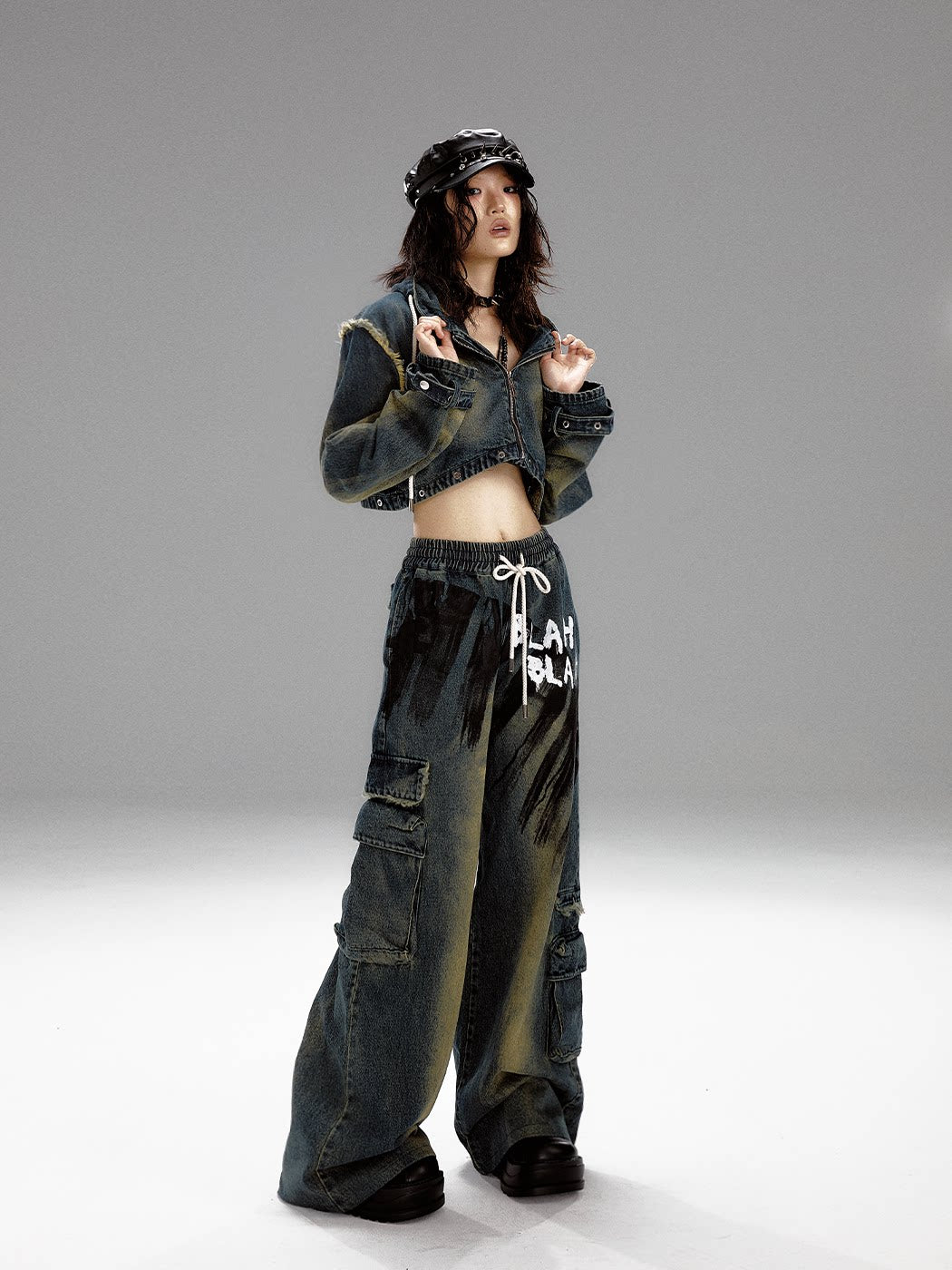 Washed Graffiti Wide-Leg Straight Dnim Jeans