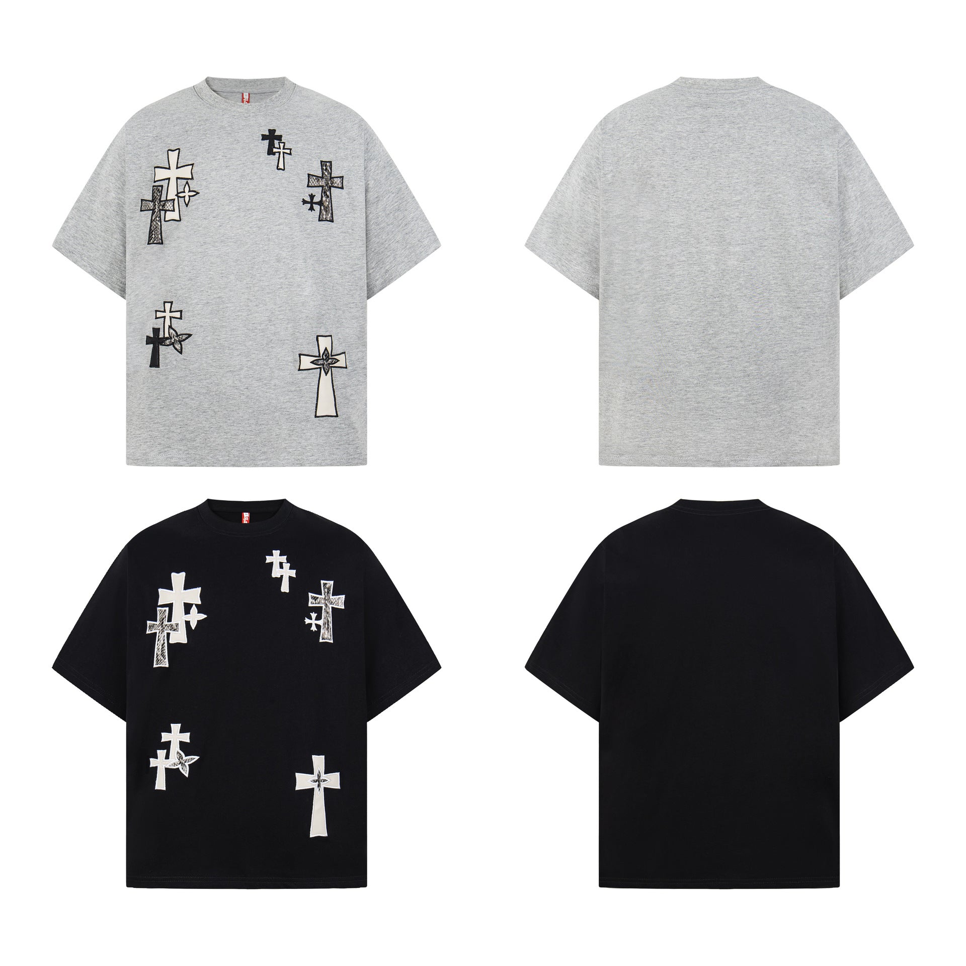 Cotton Cross Applique Embroidery Short Sleeve T-Shirt