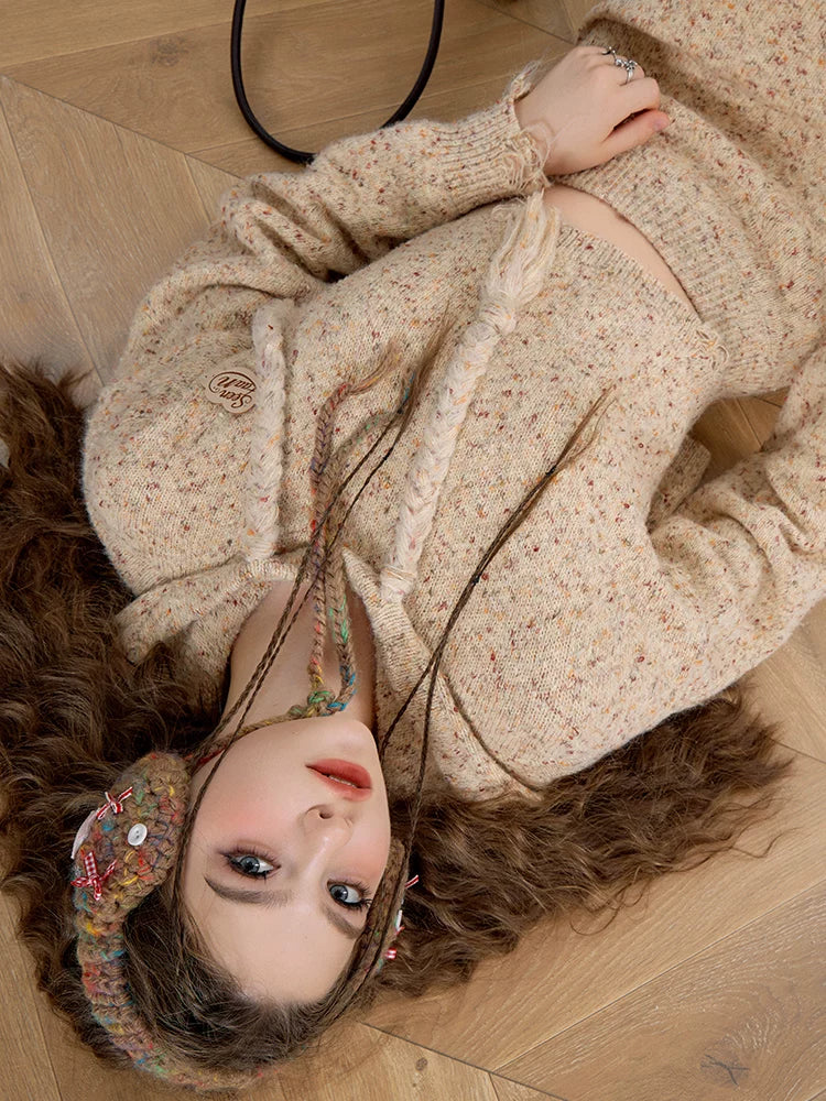 Textured Hooded Knit Sweater & Long Knit Skirt Setup