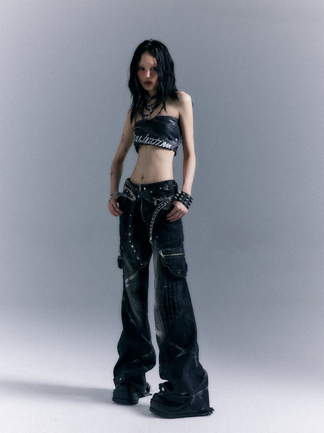 Low-Waist Studs Washed Flare Denim Jeans