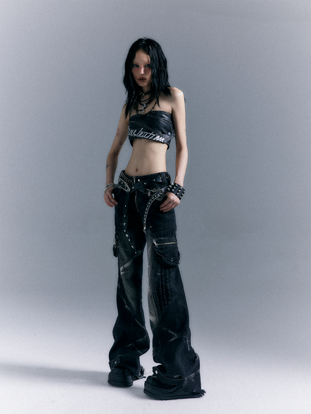 Low-Waist Studs Washed Flare Denim Jeans