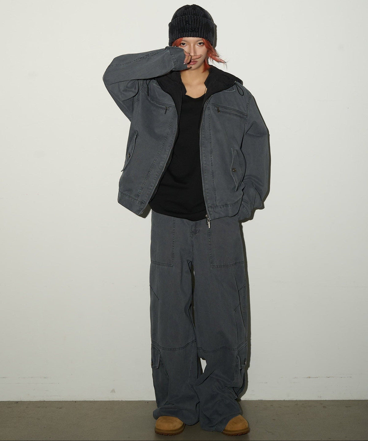 Fake Layered Hooded Jacket & Multi Pocket Cargo Pants Setup
