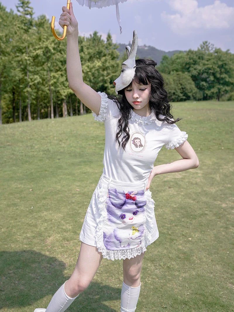 Graphic Print Lace Ruffle Skirt