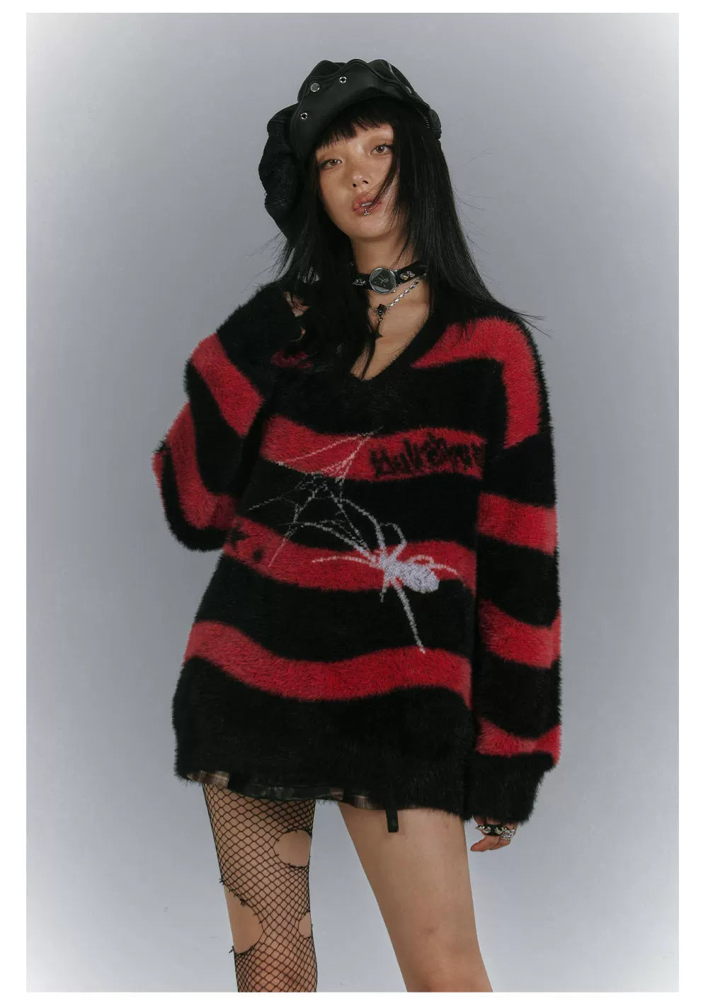 Mohair Spider Pattern Stripe Oversize V-Neck Knit Sweater