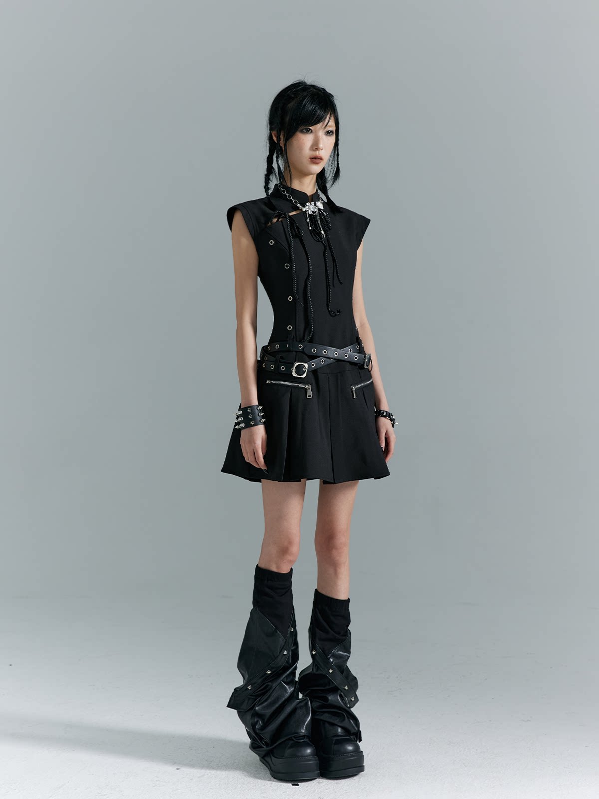 Cutout Pleats Qipao Sleeveless Dress With Belt