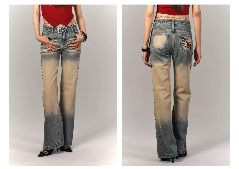 Washed Gradient Studs Detail Flare Denim Jeans