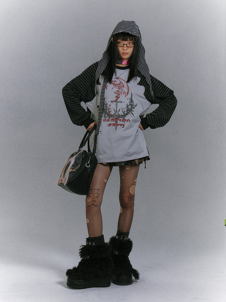 Raglan Stripe Damage Patchwork Long Sleeve T-Shirt