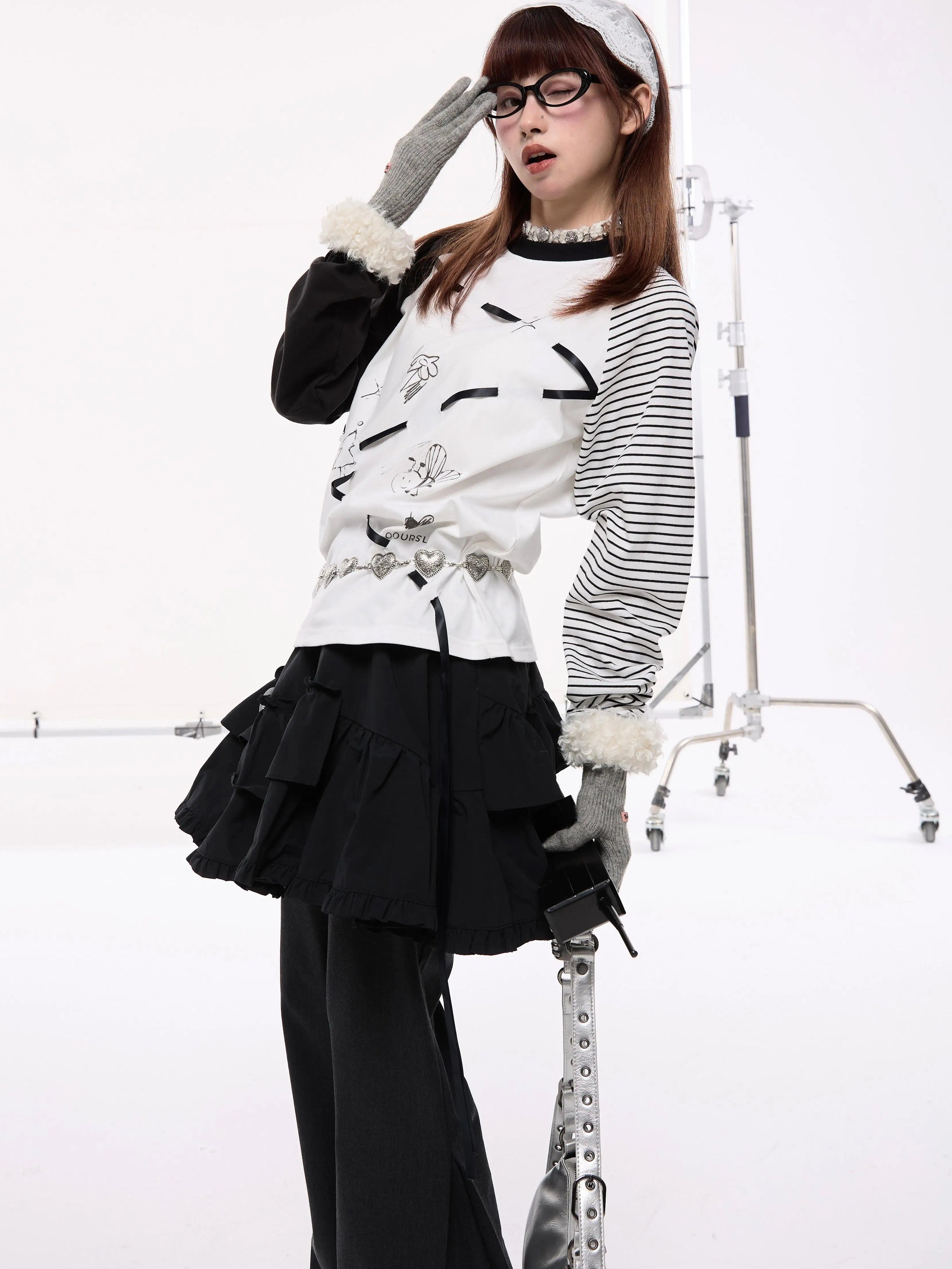 Lace-Up Stripe Patchwork Contrast Raglan Sleeve Long Sleeve T-Shirt