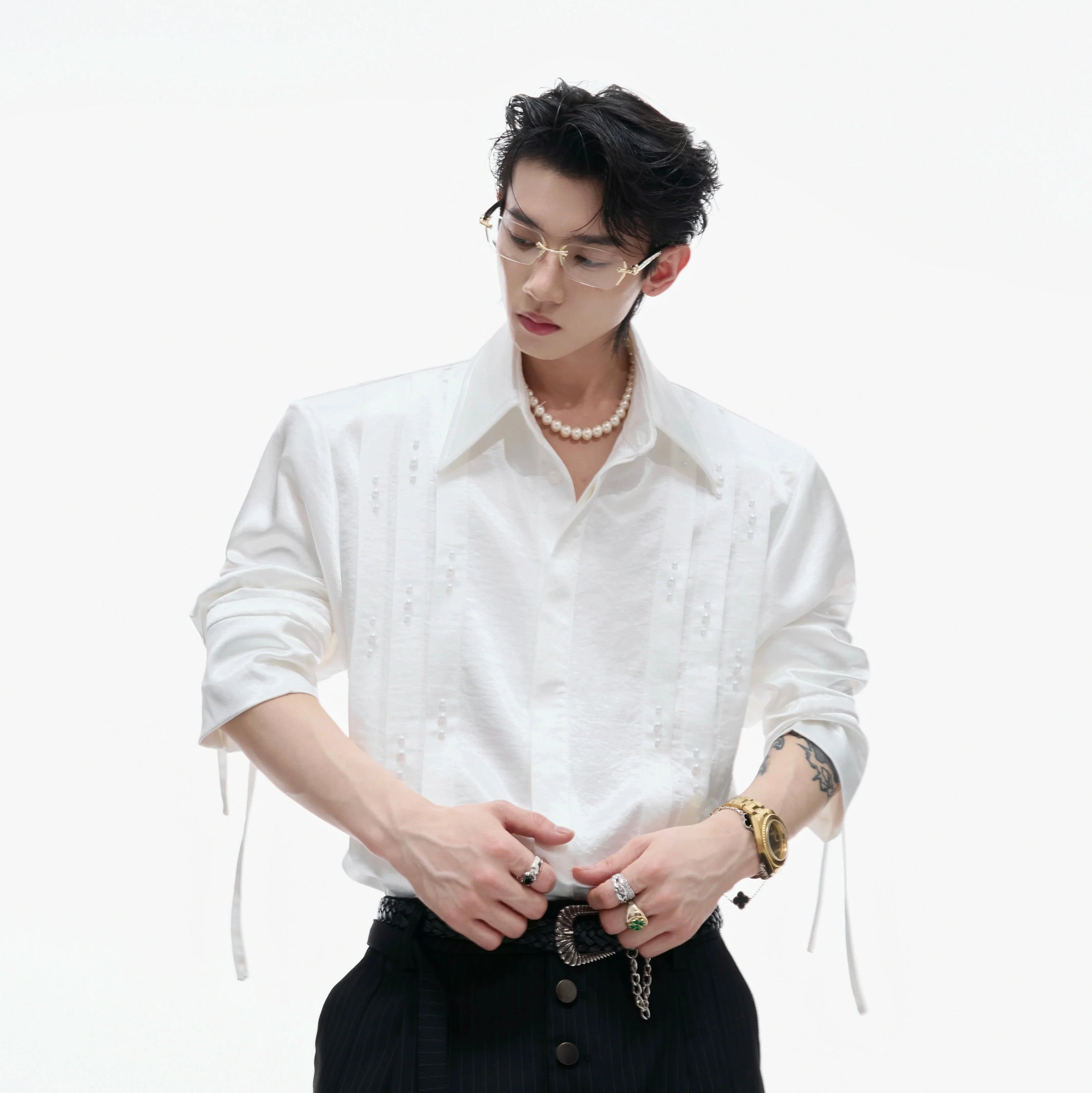 Pearl Beads Ribbon Pleats Long Sleeve Shirt