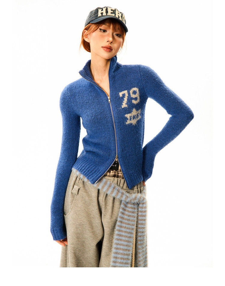 Number Patch Knit Zipper Stand Neck Cardigan
