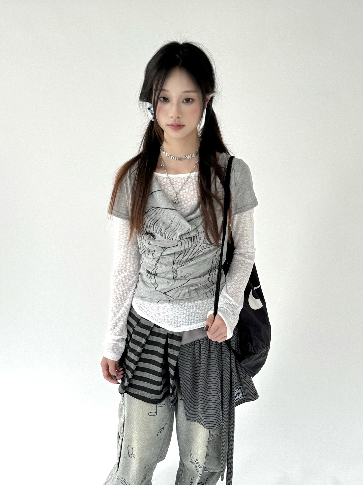 Fake Layered Draped Print Long Sleeve T-Shirt