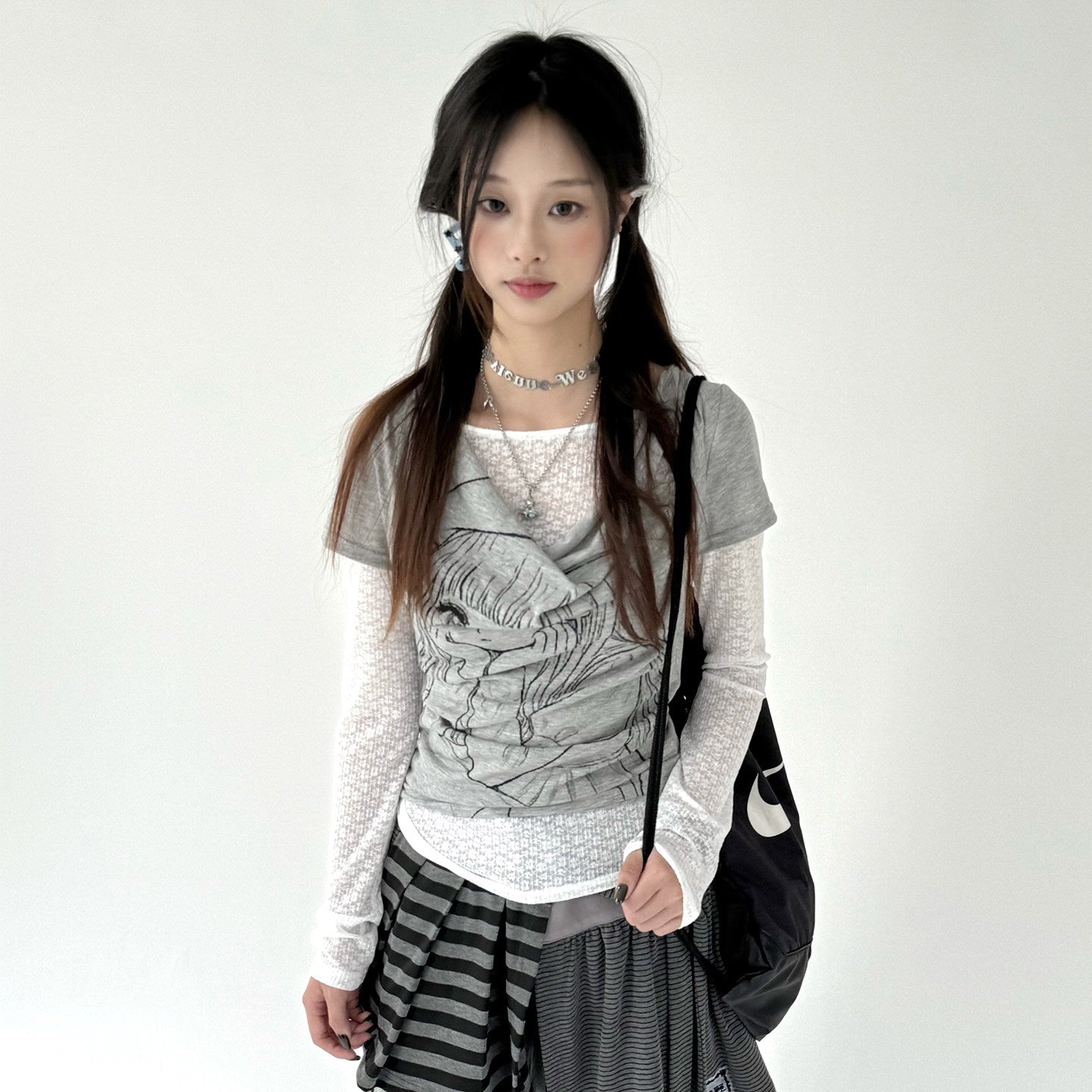 Fake Layered Draped Print Long Sleeve T-Shirt