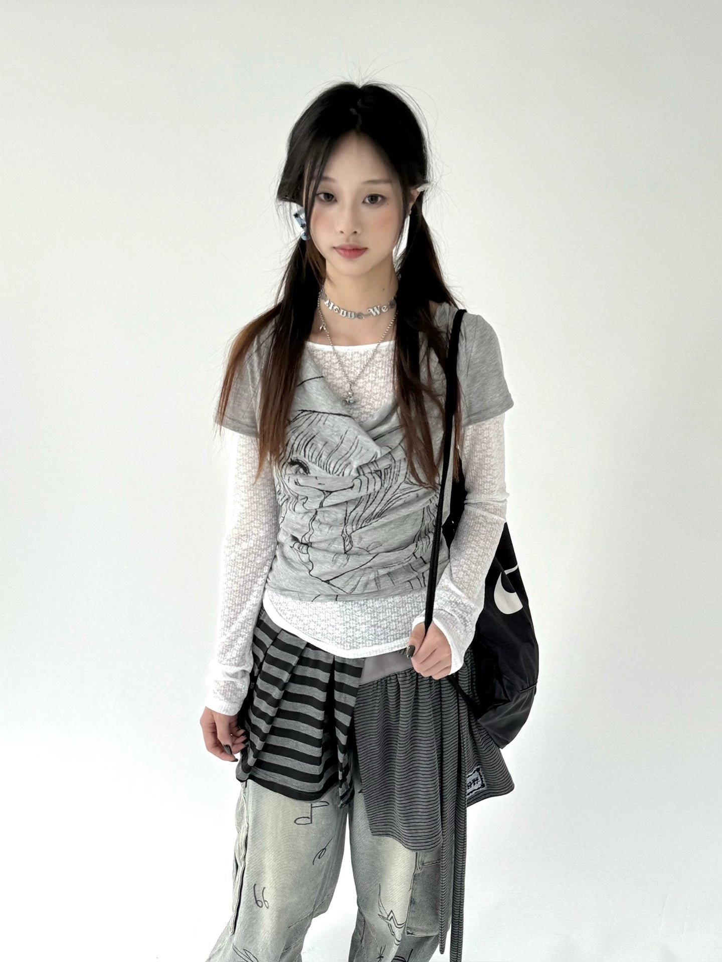 Fake Layered Draped Print Long Sleeve T-Shirt