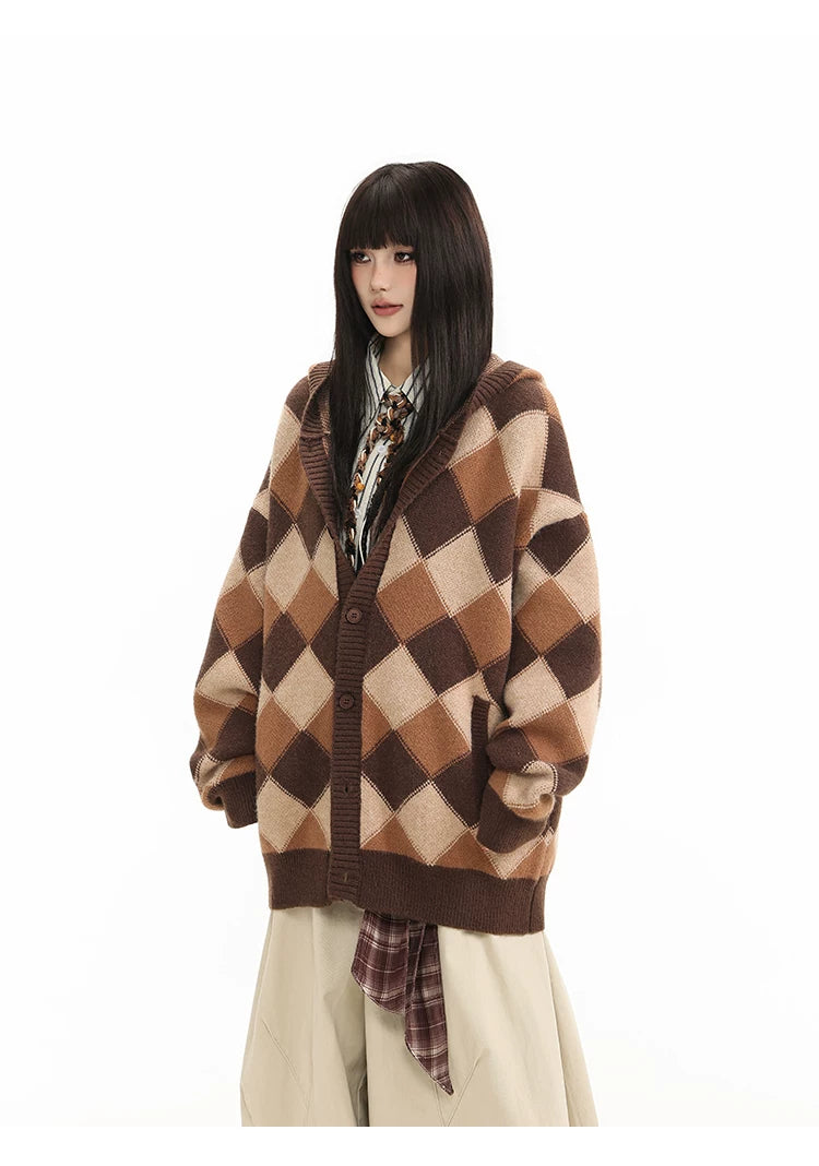 Heavyweight Diamond Pattern Oversize Hooded Knit Cardigan & Knit Sweater