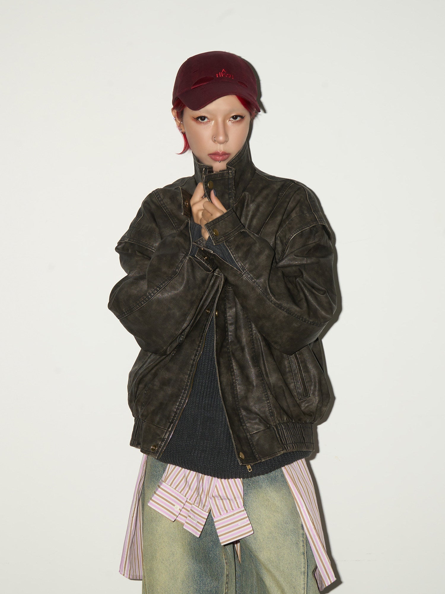 PU Leather Stand Collar Oversize Jacket