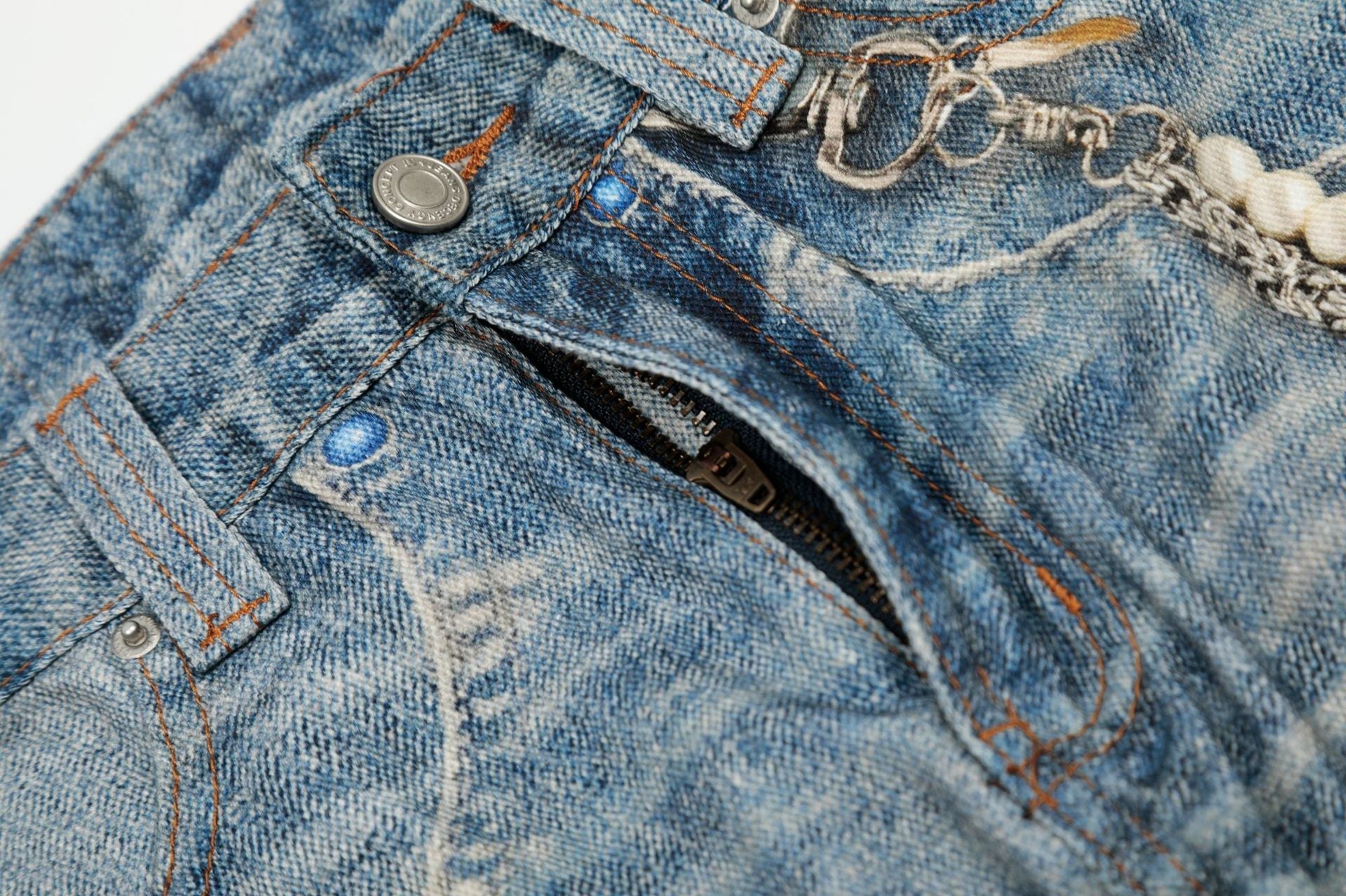 Digital Print Chain Wide Leg Denim Jeans
