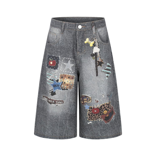 Appliqué-Patchwork-Shorts mit weitem Bein - Grau / S