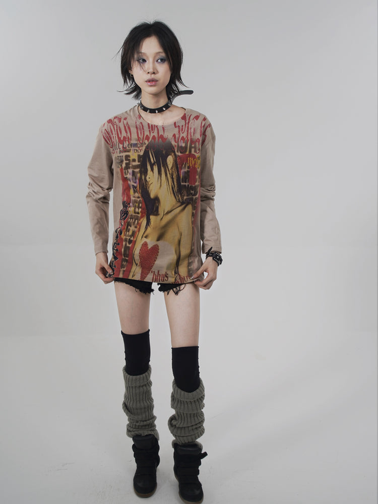 Y2k Japanese Punk Style "sad Angel" Brown Long Sleeve T-Shirt
