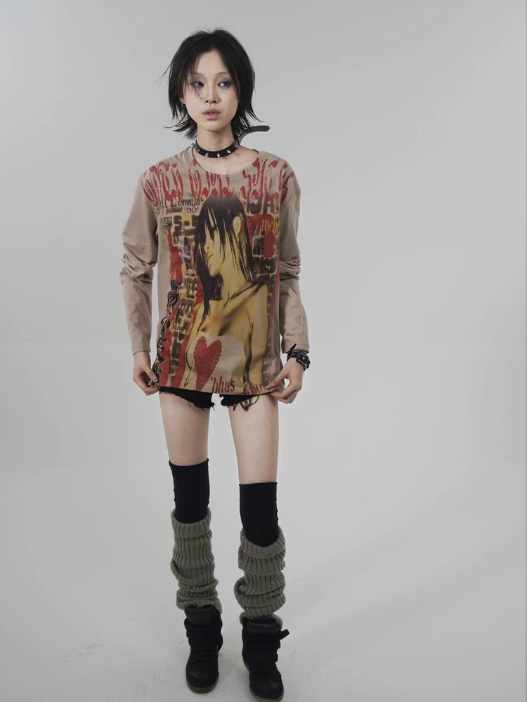 Y2k Japanese Punk Style "sad Angel" Brown Long Sleeve T-Shirt