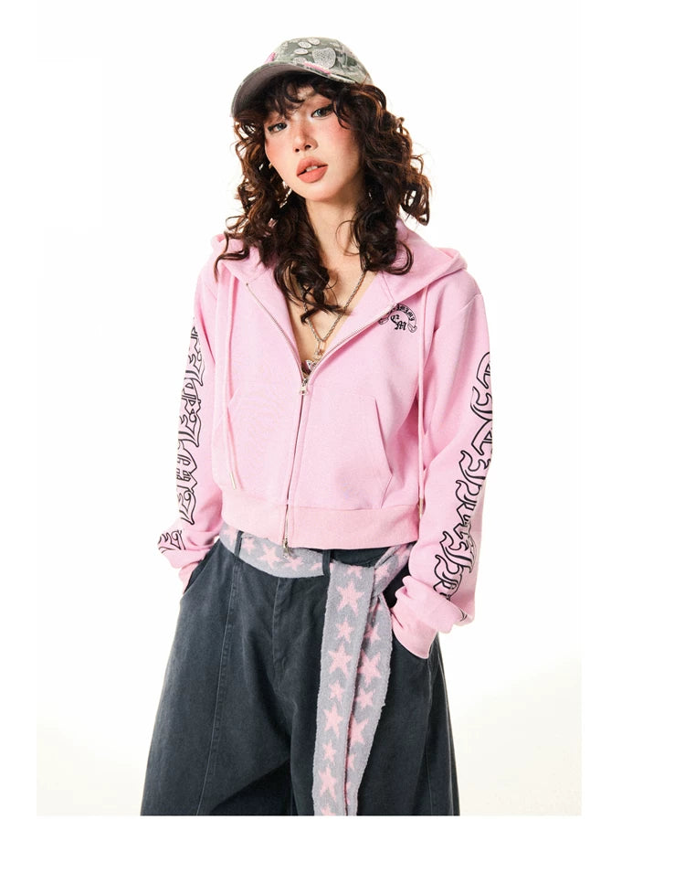 Gothic Logo Print Cropped Zipper Hoodie