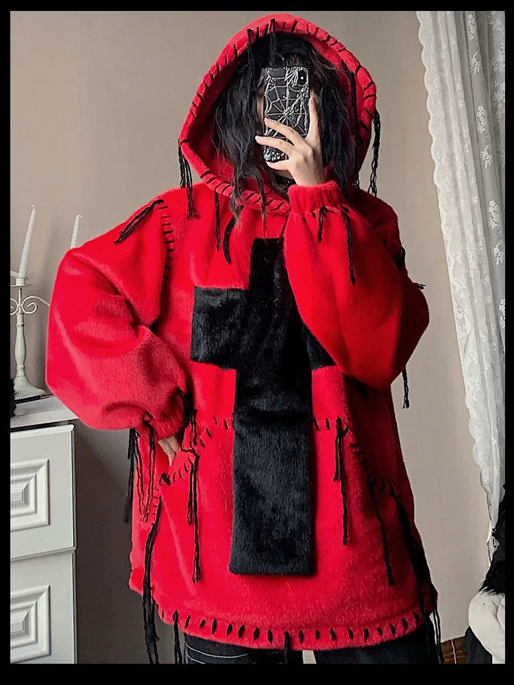 Fake Fur Hooded Cross Detail Hoodie