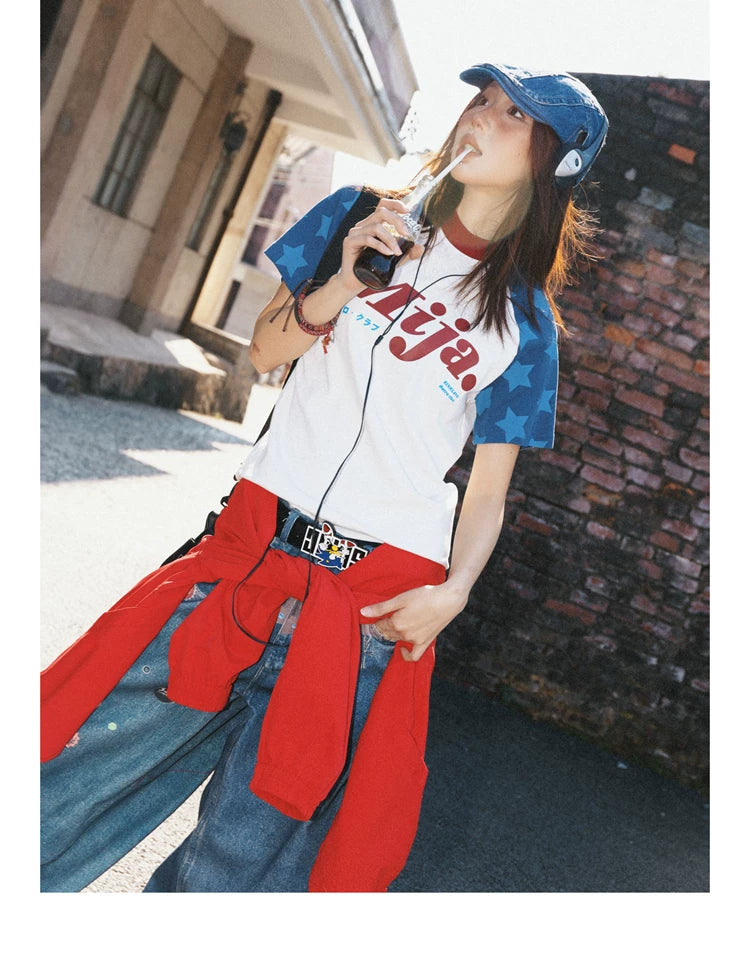 Raglan Sleeve Letter Print Fitted Short Sleeve T-Shirt