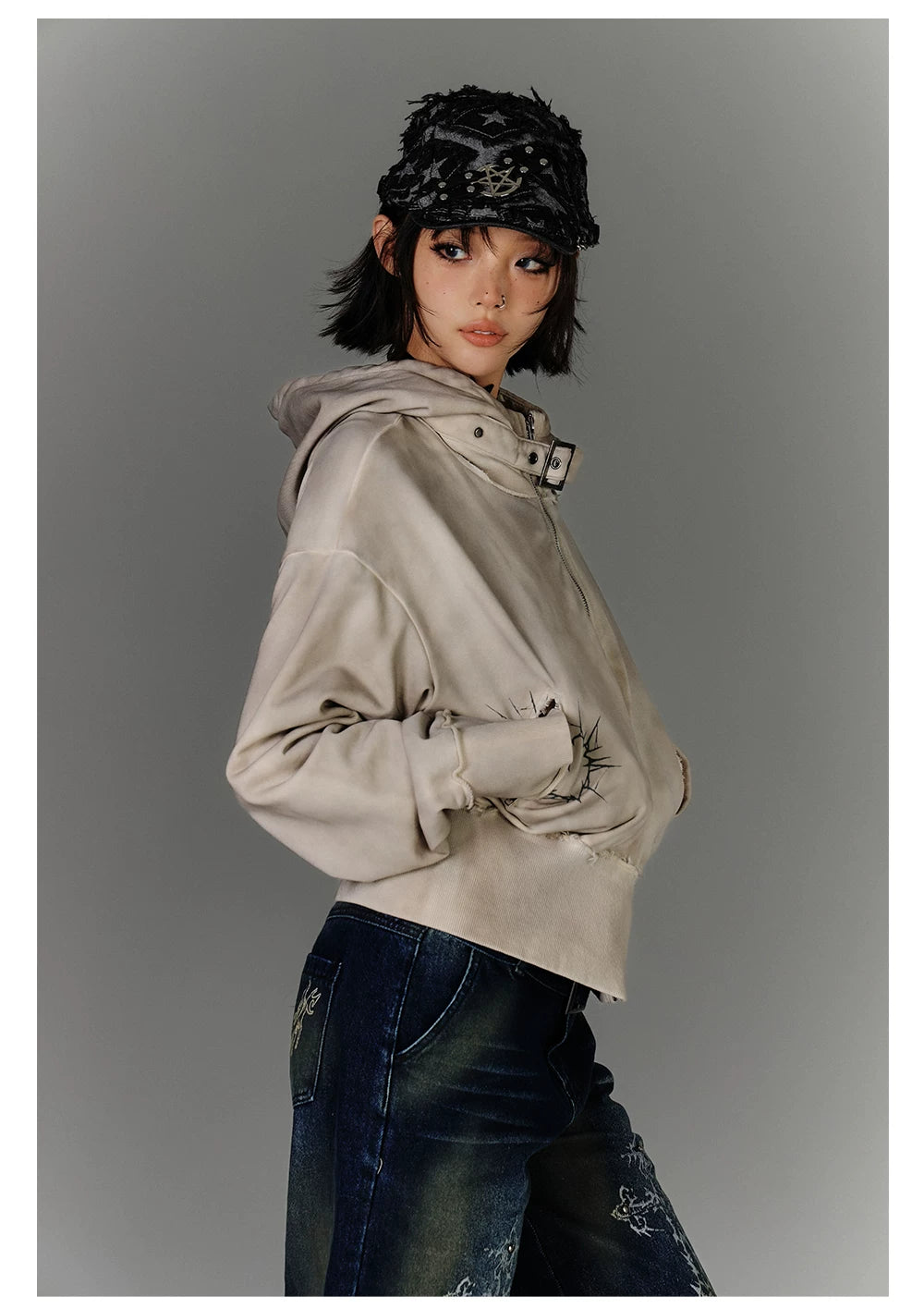Washed Damage Oversize Zipper Hoodie