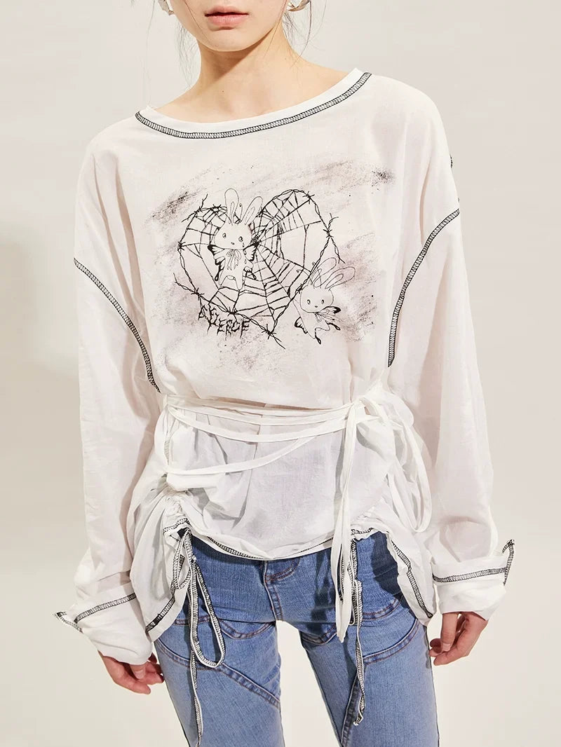 Hand-Drawn Rabbit Print Long Sleeve T-Shirt