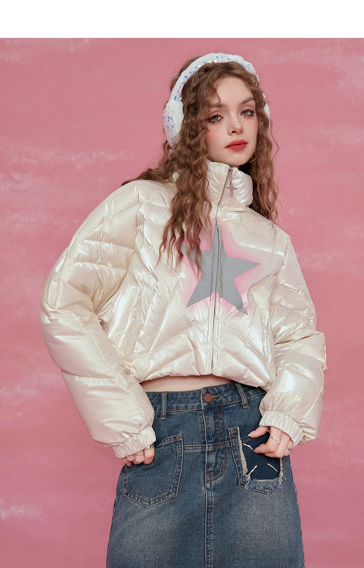 Star-Stitch Stand Neck Short White Duck Down Jacket