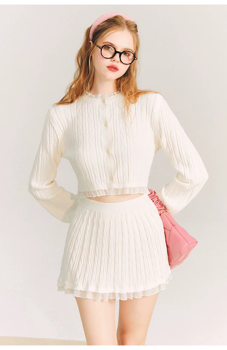 Tulip Button Knit Cardigan & Knit Short Skirt Setup