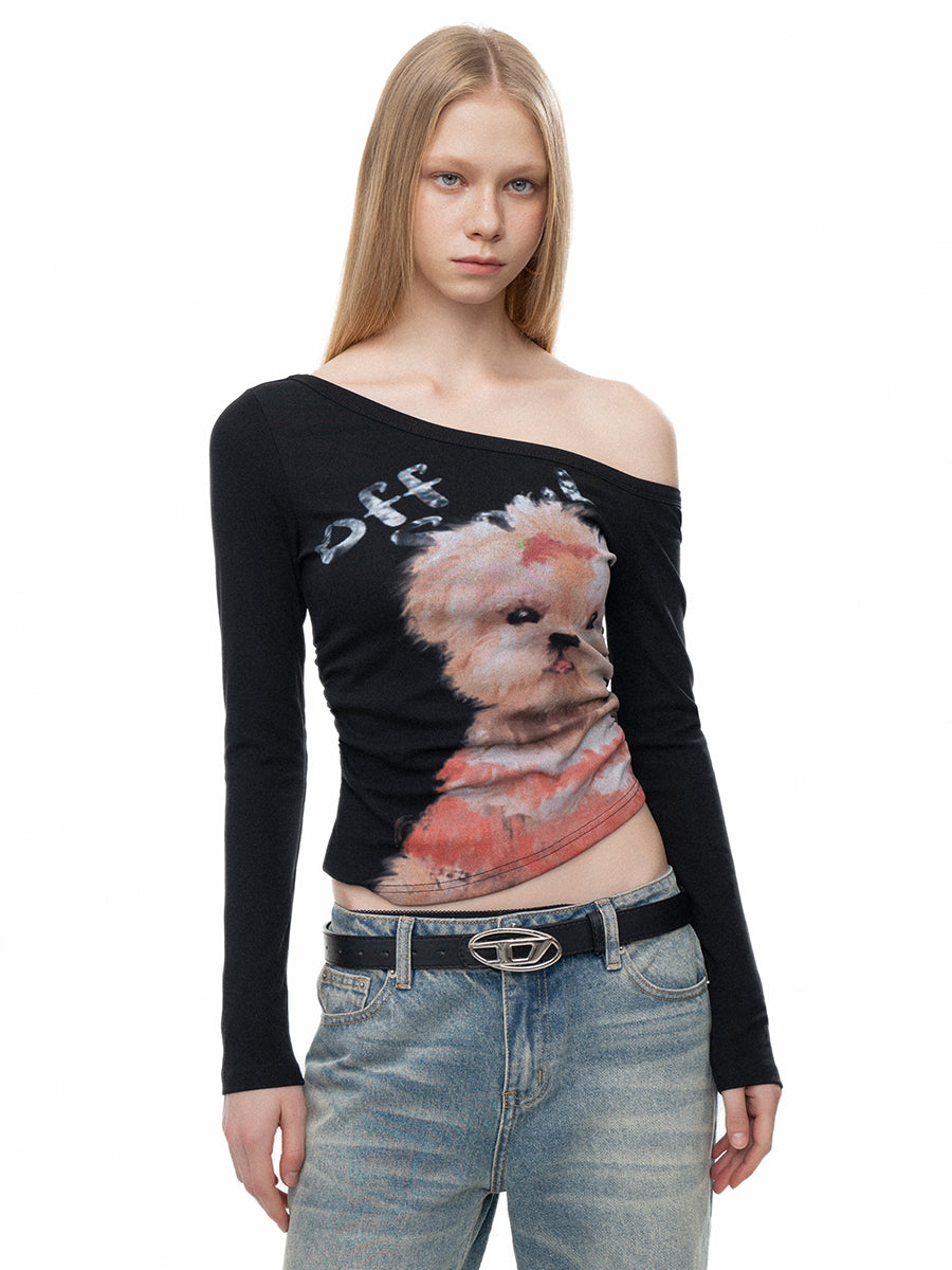 Hand-Painted Puppy Slanted Shoulder Top