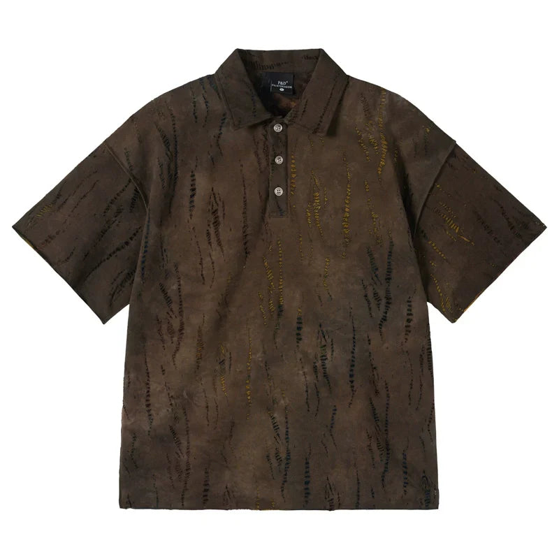 Wavy Pattern Raw Edge Print Short Sleeve Shirt
