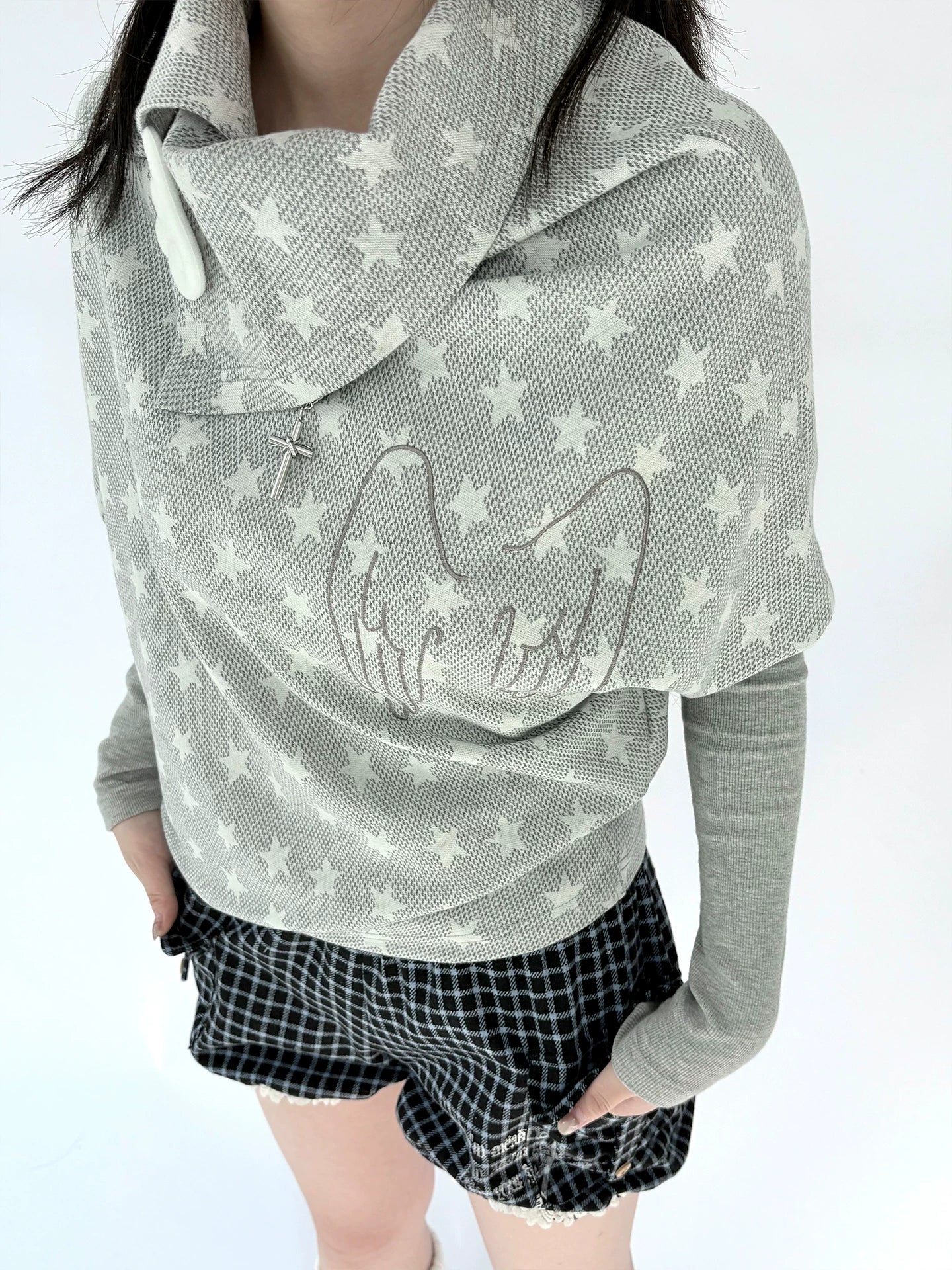 Star Print Asymmetrical High-Neck Long Sleeve T-Shirt