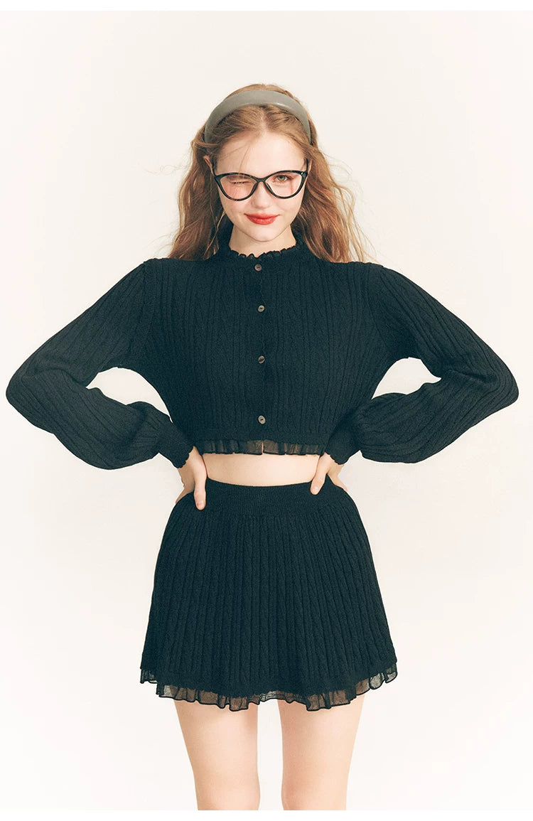 Tulip Button Knit Cardigan & Knit Short Skirt Setup