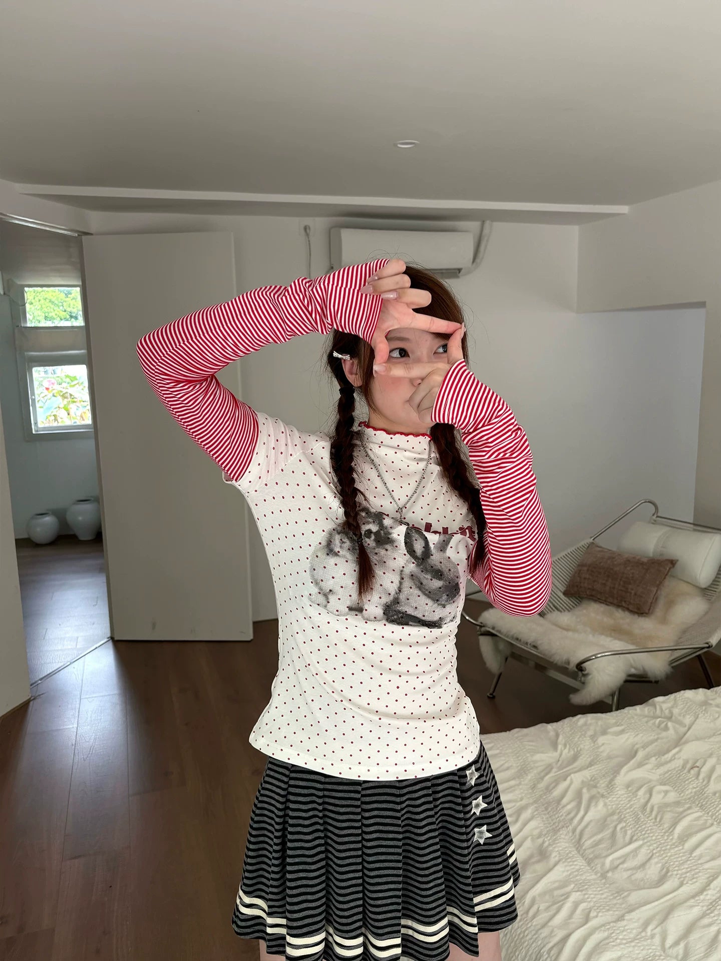 Rabbit Print Patchwork High-Neck Long Sleeve T-Shirt