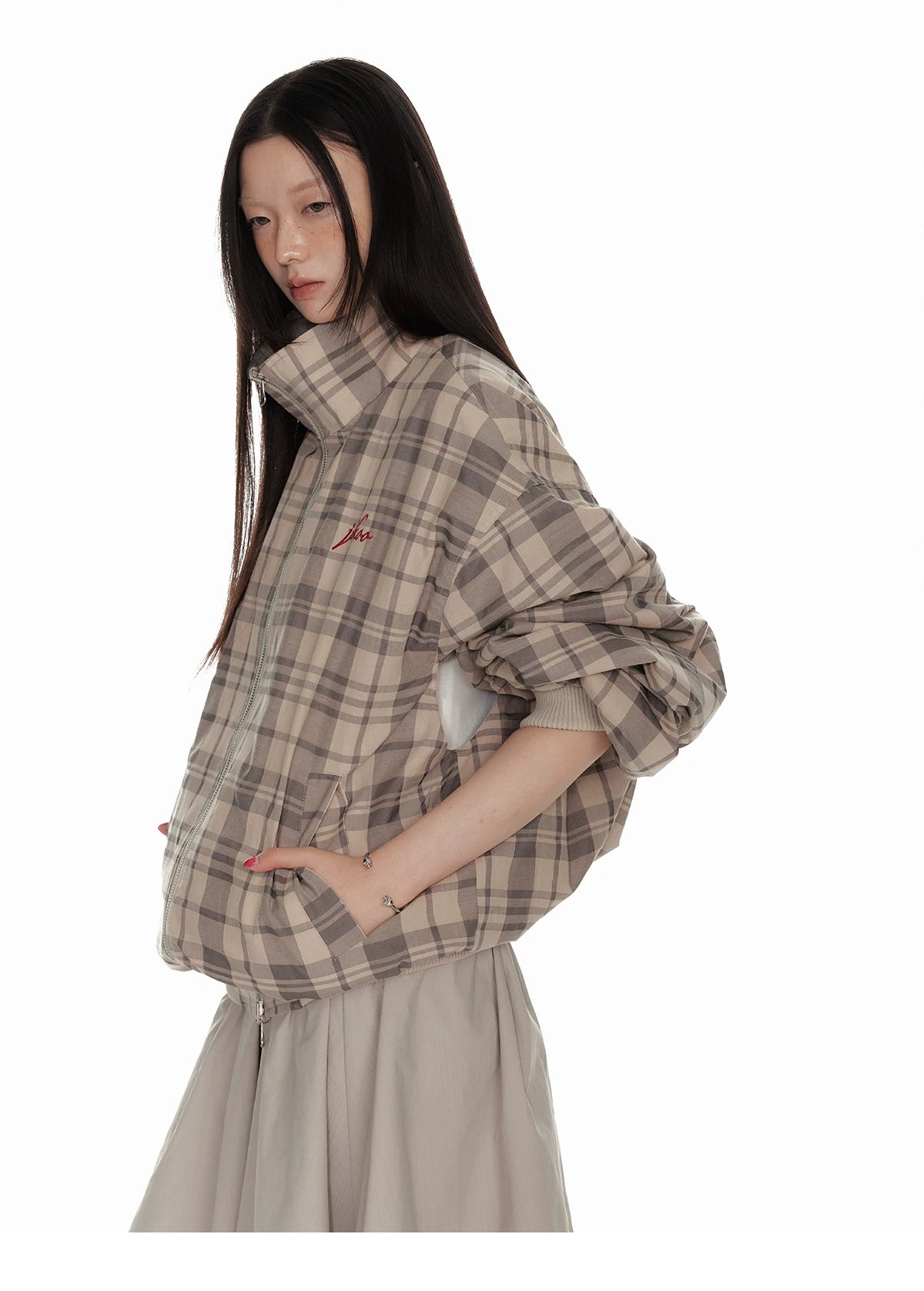 Hollow Star Stand Neck Recersible Jacket & Recersible Plaid Skirt Setup