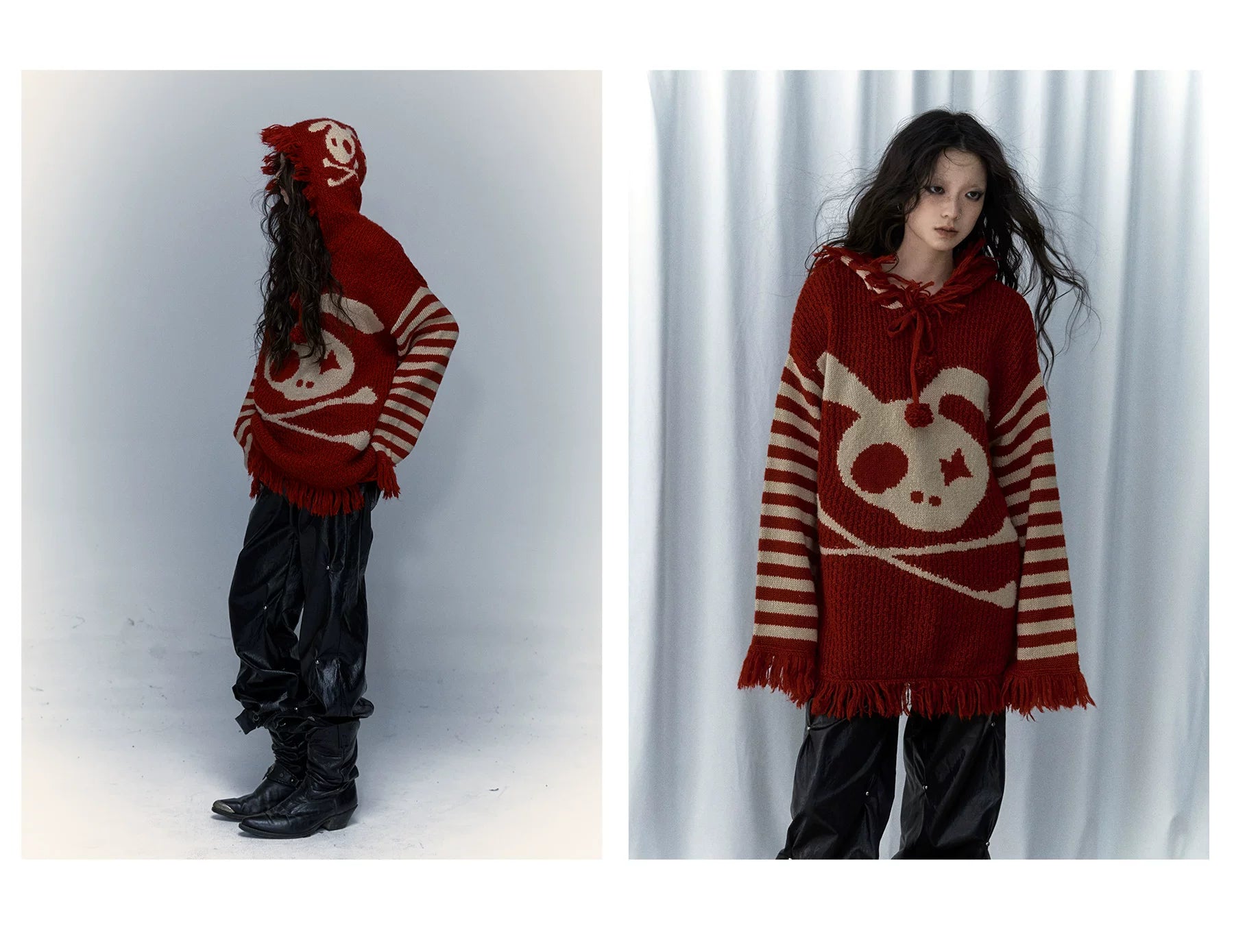 Skull Print Stripe Oversize Knit Hoodie