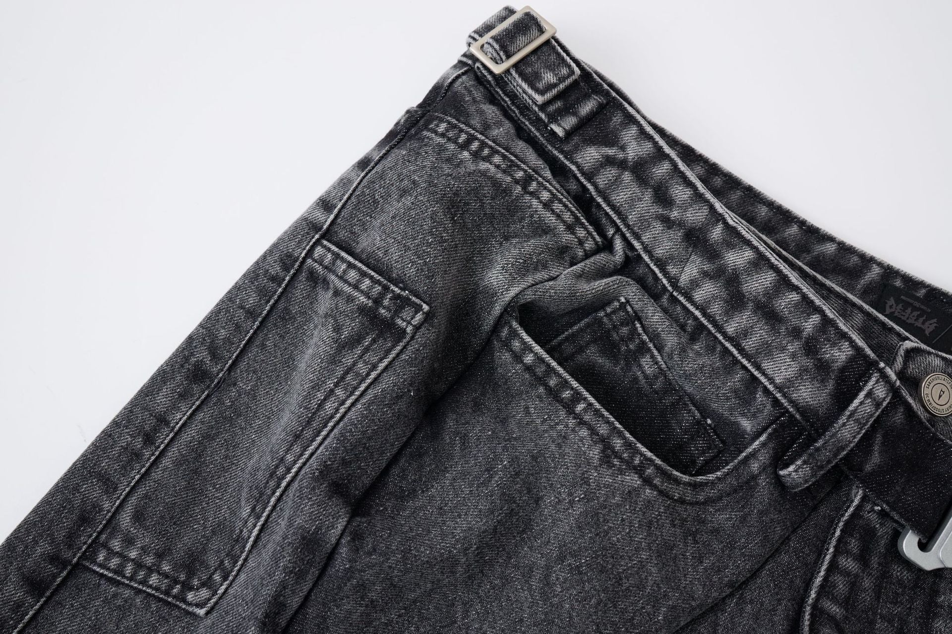 Washed Whisker Metal Buckle Denim Jort
