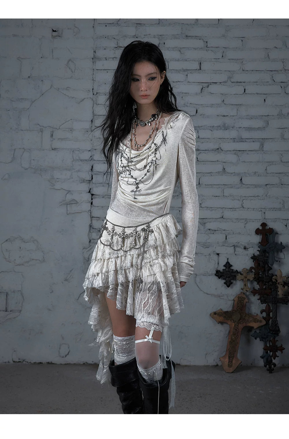 Lace Hooded Asymmetric Ruffle Dress