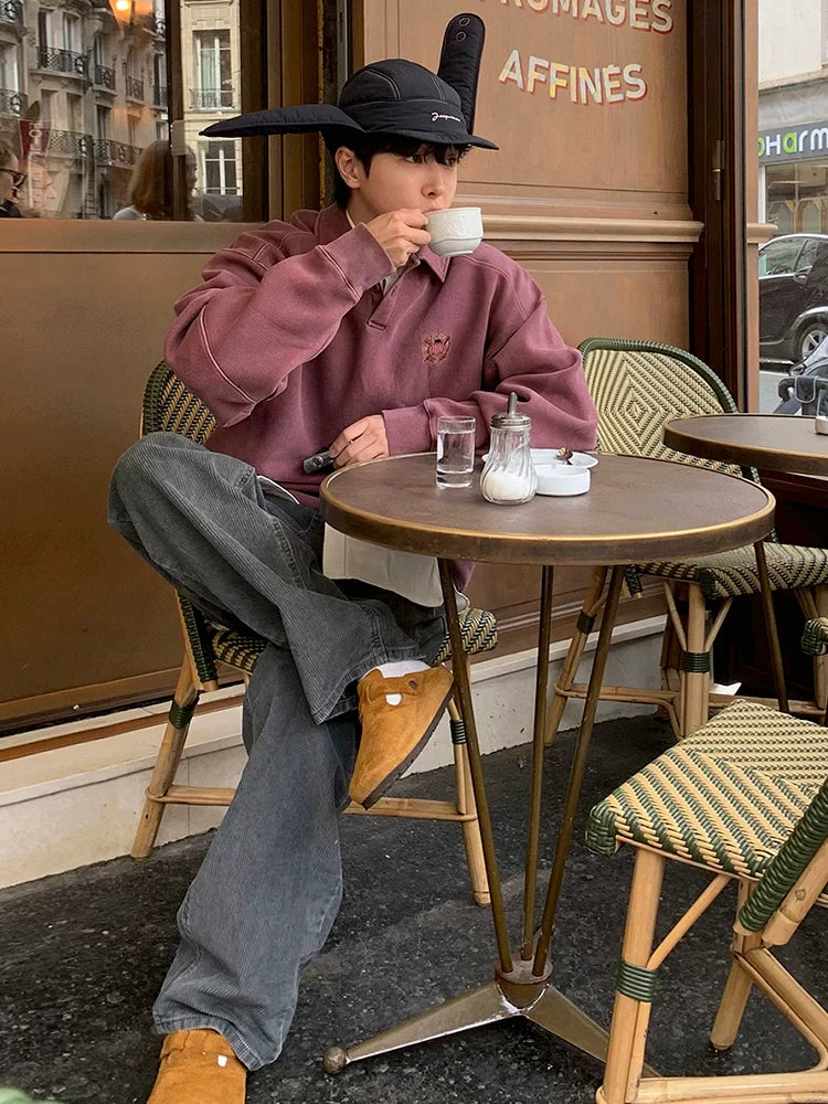 Embroidered Lapel Pullover Long Sleeve Polo Shirt