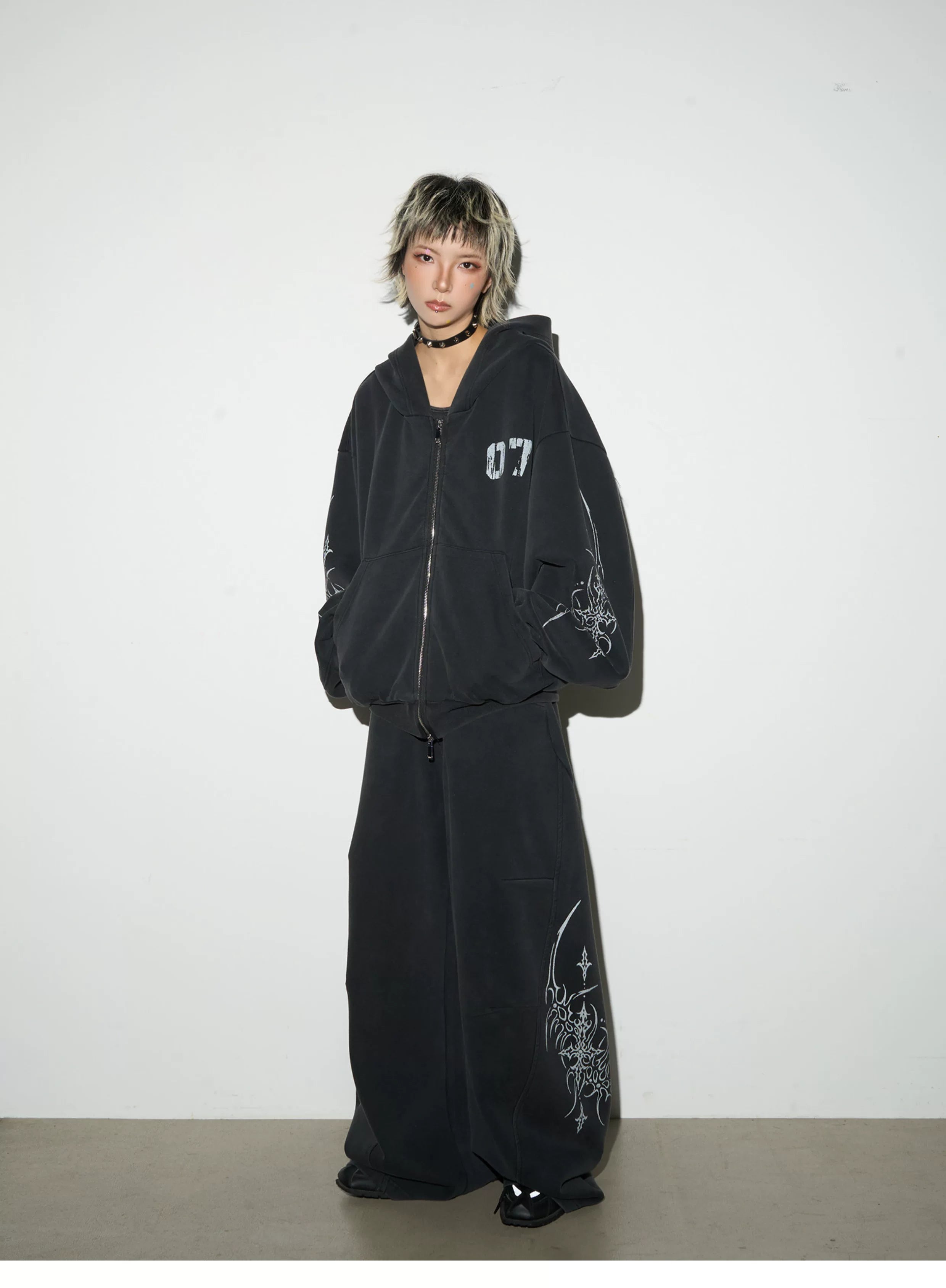 Graphic Print Oversize Zipper Hoodie & Wide Leg Sweatpants Setup