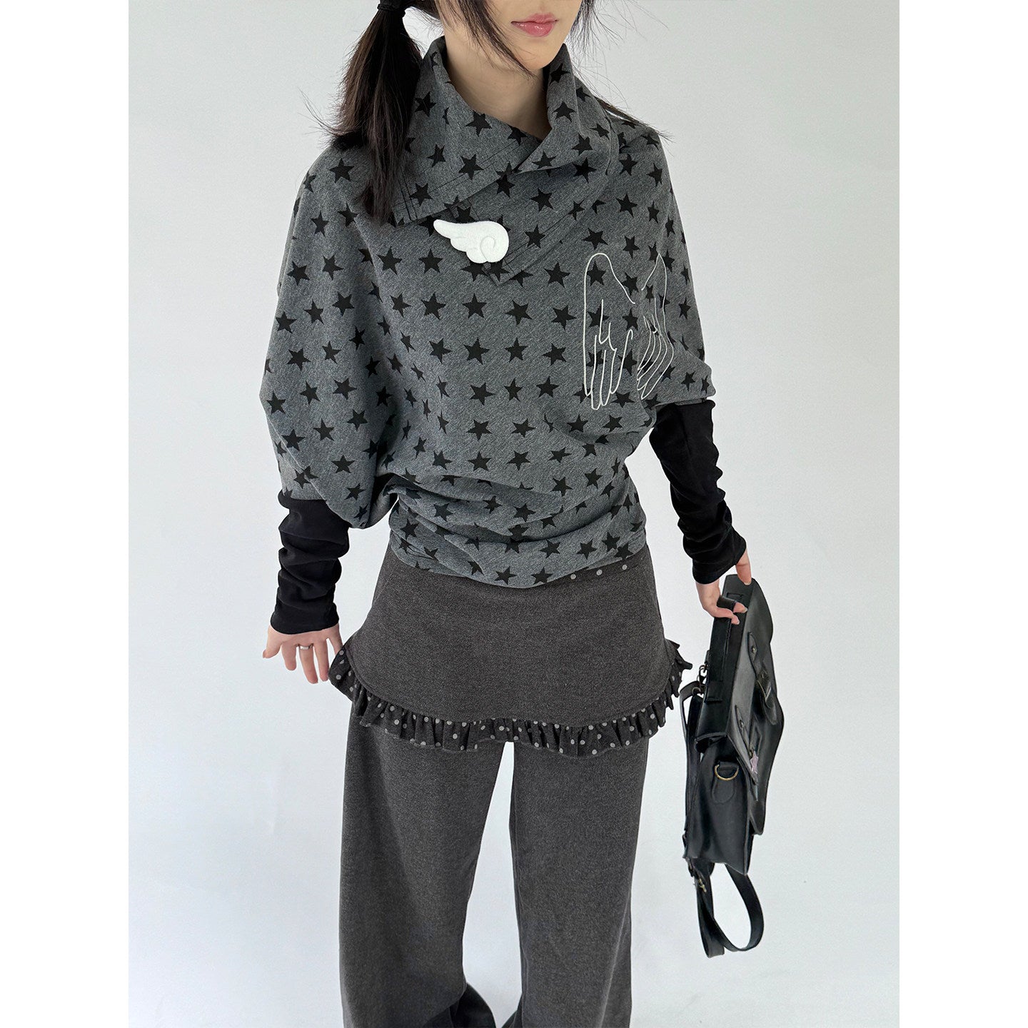 Star Print Wing Detail Layered Long Sleeve T-Shirt