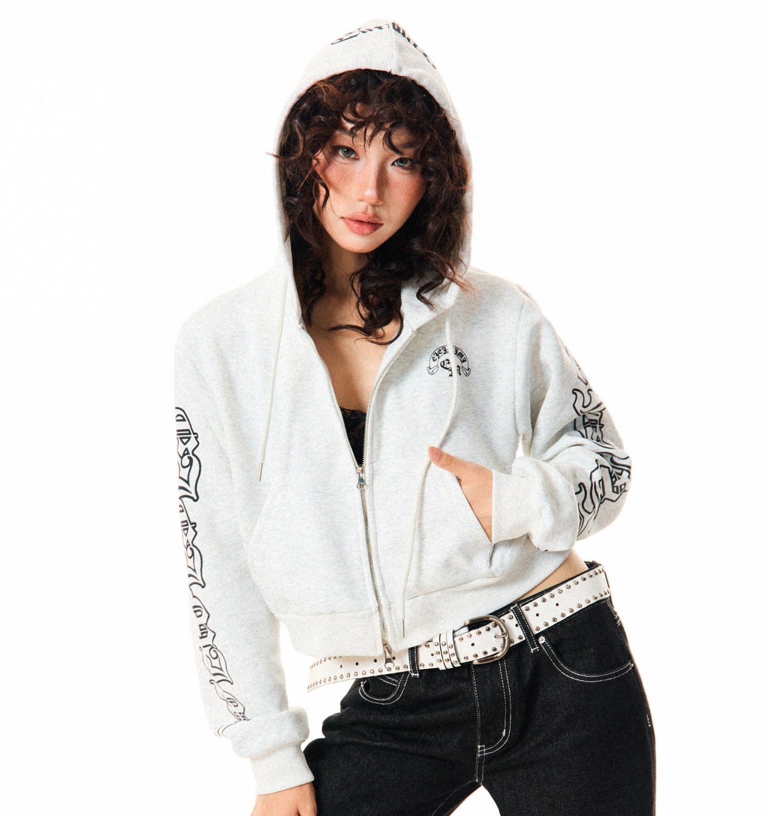 Gothic Logo Print Cropped Zipper Hoodie