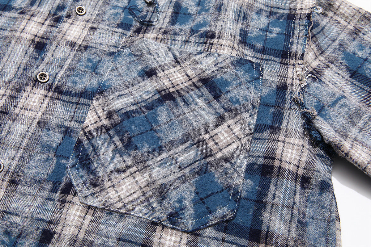 Plaid Washed Fringe Long Sleeve Shirt