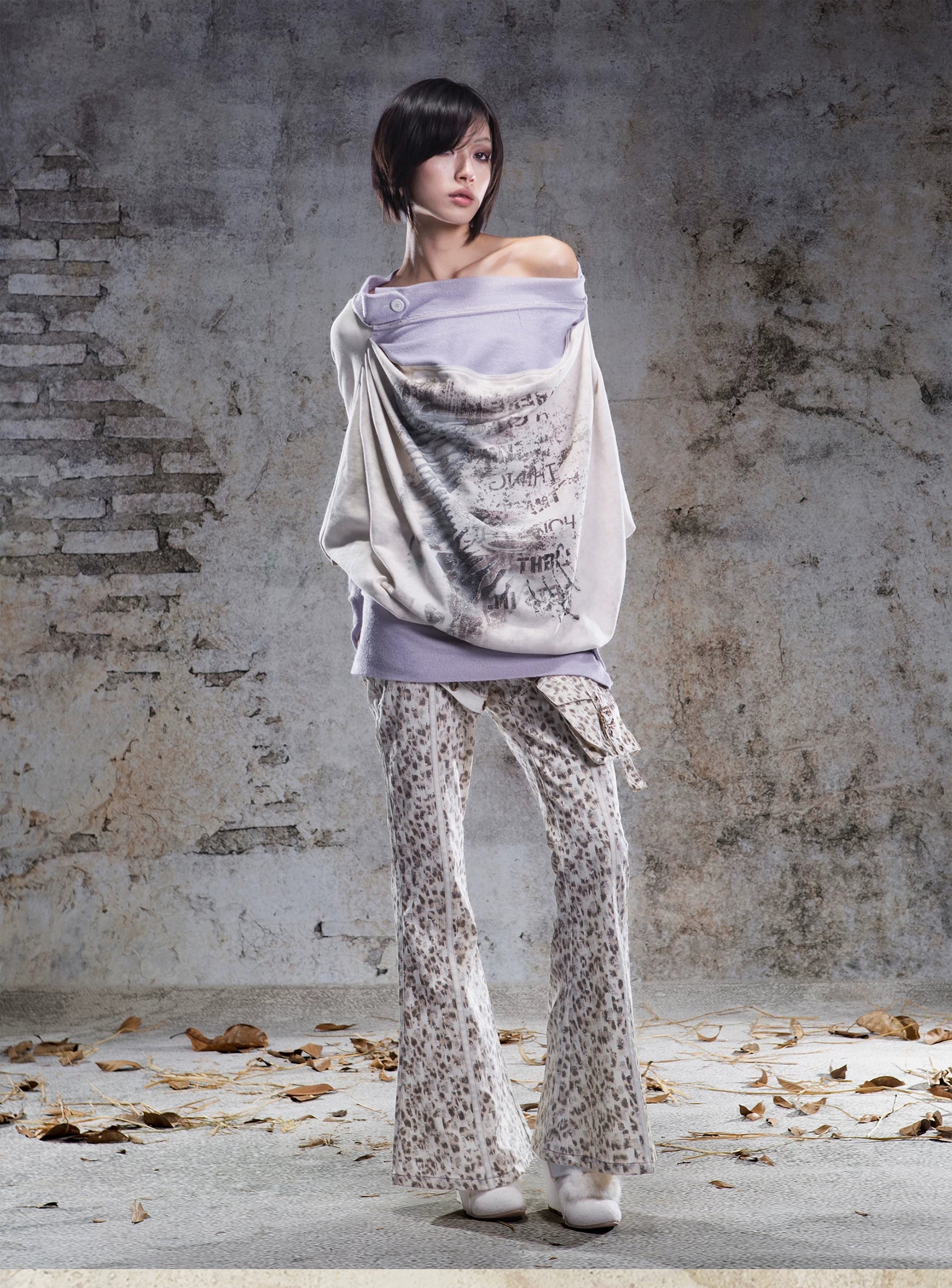 Original Fake Two-Piece Oversize Batwing Sleeve Floral Off-Shoulder Long Sleeve T-Shirts