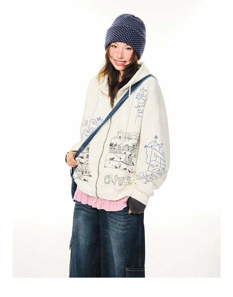 Graphic Print Oversize Zipper Hoodie