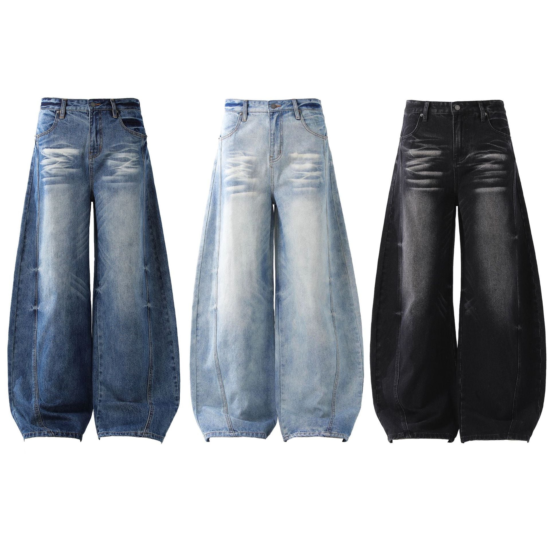 Deconstruction Whisker Curved Wide Leg Denim Jeans