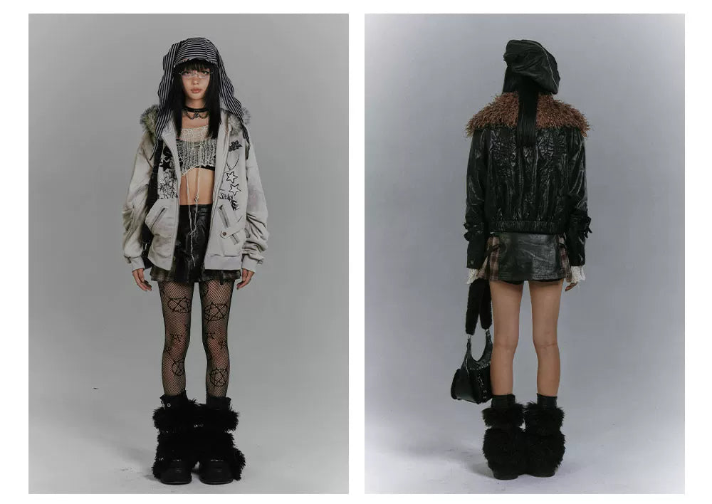 Plaid PU Leather Mix Patchwork Short Skirt